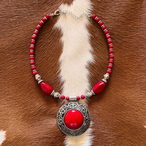 Red Beaded Necklace with Silver Accents